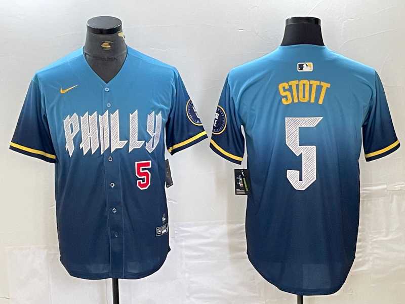 Mens Philadelphia Phillies #5 Bryson Stott Blue 2024 City Player Number Cool Base Stitched Jerseys